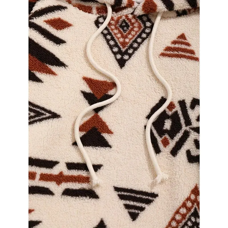 Ethnic Style Geometric Pattern, Men's Loose Polar Fleece Hoodie For Winter & Fall, Hooded Sweatshirt With Drawstring And Kangaroo Pocket Ethnic Style Geometric Pattern, Men's Loose Polar Fleece Hoodie For Winter & Fall, Hooded Sweatshirt With Drawstring And Kangaroo Pocket
