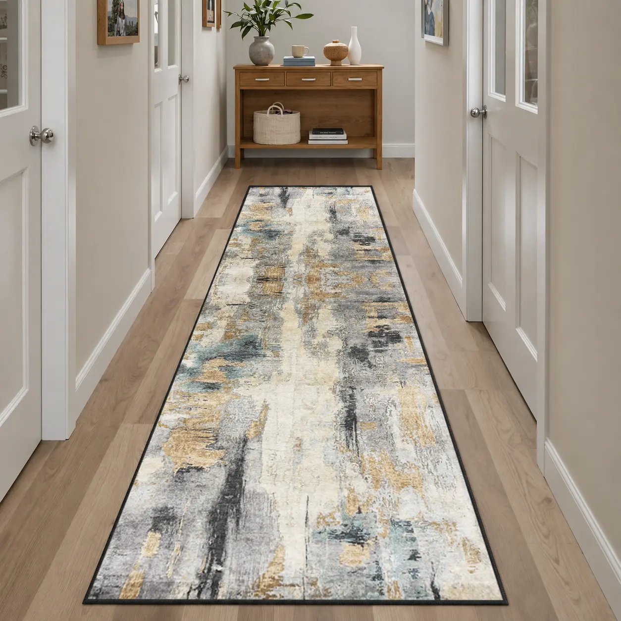 2x10’ Modern Abstract Runner Rug - Washable Non-Slip Printed Thin Distressed Gold & Grey Home Decor Rug for Hallway, Entryway, Abstract Rugs, Home Decor Rugs
