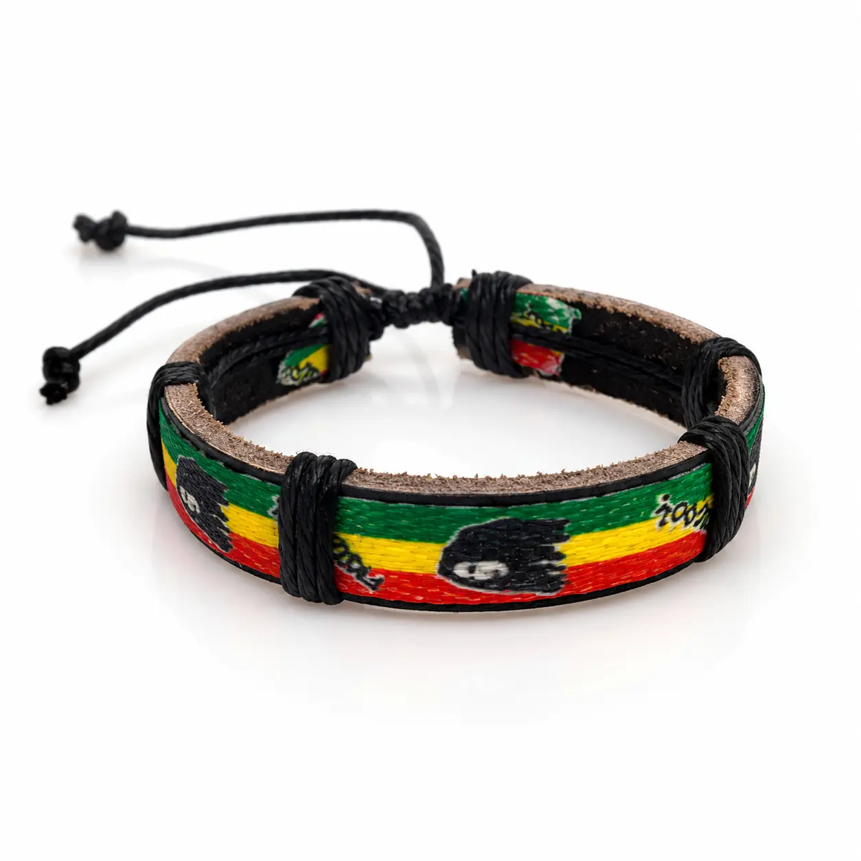 Unisex Rasta Leather Bracelet - Fashionable, Casual, Female-Friendly, Adjustable 6-9 in Braided Boho Festival Accessory with Rastaman Rasta Leaf Reggae Red Yellow Green Design