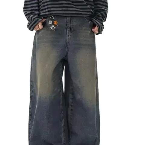 Men's Cotton Distressed Oversized Balloon Jeans - Loose Chunky Wide-Leg Vintage Mud Wash Tinted Denim, Stylish Striped Retro Skater Casual Trousers with Belt, Deep Pockets, Natural Fabric, Ideal for Sneaker & Holiday Pairing