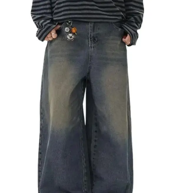 Men's Cotton Distressed Oversized Balloon Jeans - Loose Chunky Wide-Leg Vintage Mud Wash Tinted Denim, Stylish Striped Retro Skater Casual Trousers with Belt, Deep Pockets, Natural Fabric, Ideal for Sneaker & Holiday Pairing