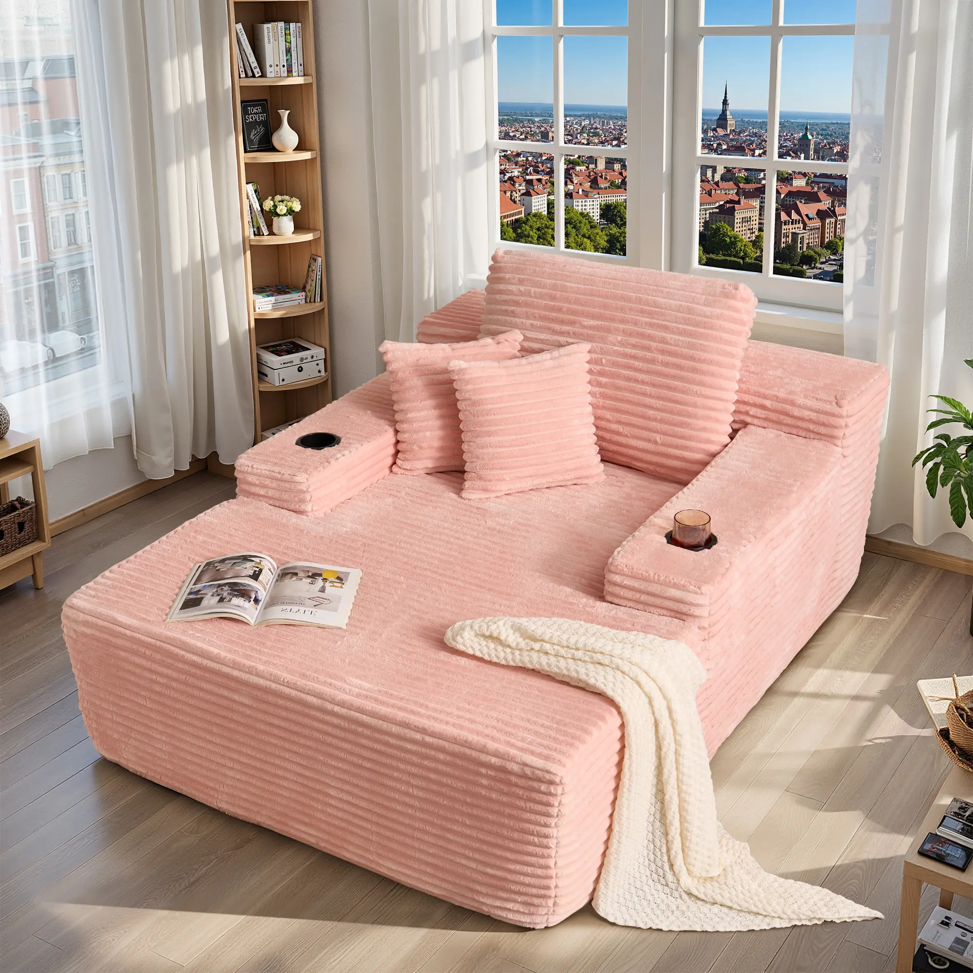 XIZZI 67in Oversized Upholstered Sofa Bed - Boneless Couch, Fluffy Plush Faux Fur Cloud Design, Cup Holders, Deep Seat Lazy Lounger for Living Room, No Assembly Required