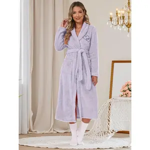 Women’s Elegant Fitted Bathrobe, Fall & Winter Warm Soft Cotton Velvet Robe, Heart Embroidered Chest Pocket Design