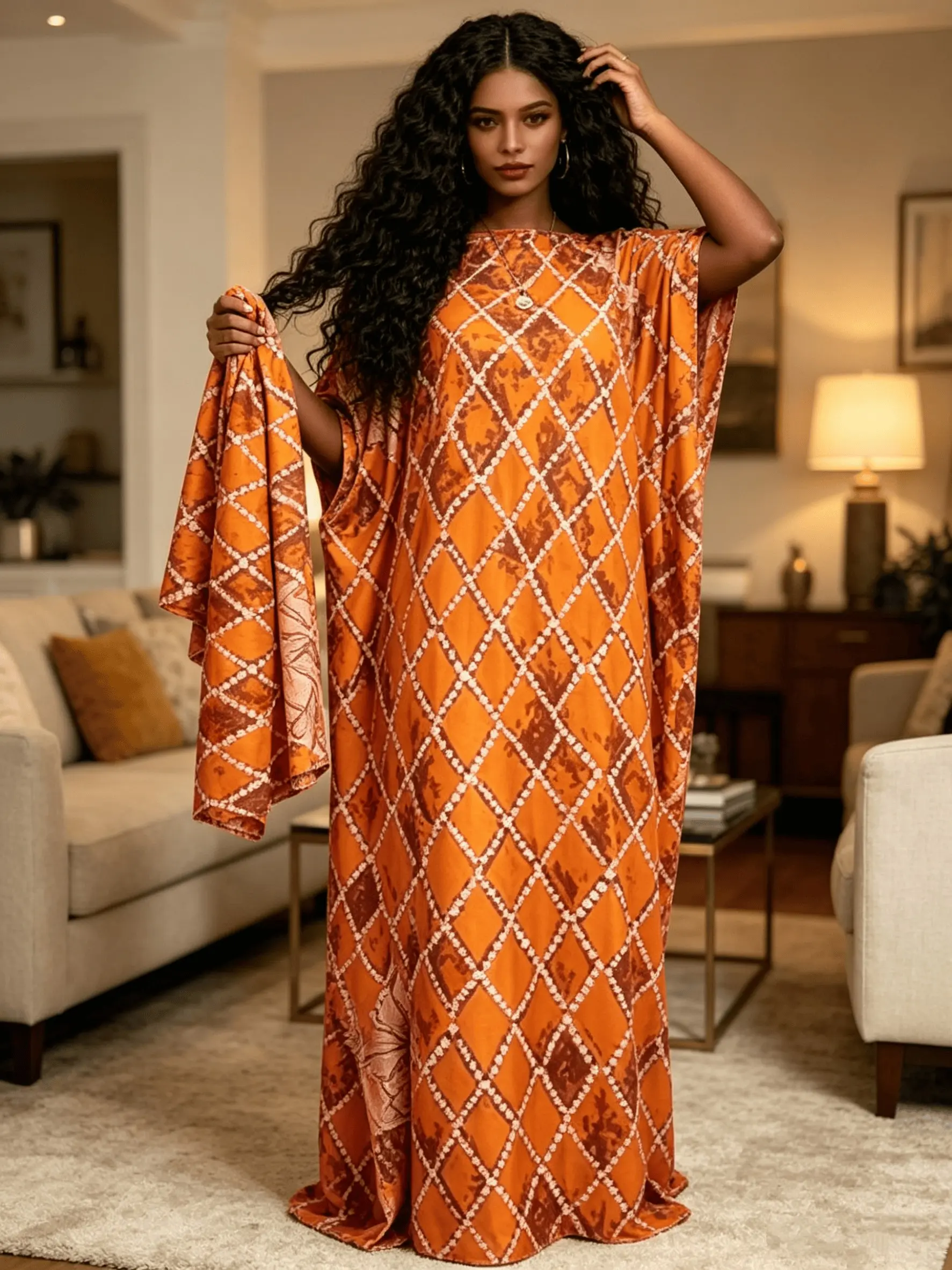 2026 New Women's 2 Piece Orange Diamond Print Kaftan Maxi Dress with Matching Scarf, Silky Loose Satin Robe, Plus Size Friendly, Summer Beach Cover Up, Resort Vacation & Evening Party Wear, Outfit