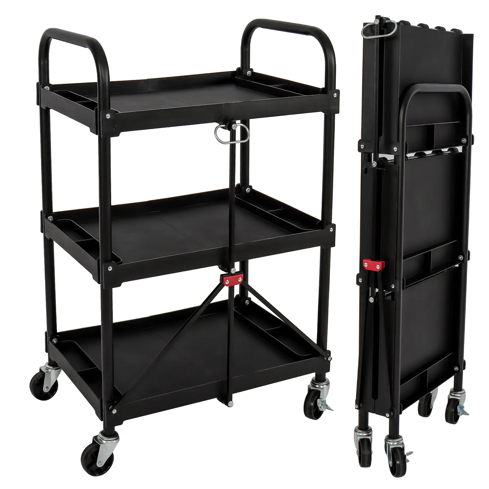 LEADALLWAY Collapsible Service Cart, Folding Utility Cart with Wheels for Kitchen, Garage, Home, Office, Warehouse