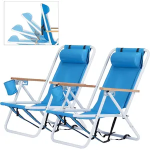 Outvita 2PCS Folding Beach Chair Adjustable Headrest w/4 Flexible Tilt Angle, Cup Holder Portable High Strength Cleanable Fabric, for Sand Camping Lawn Concert Travel Festival