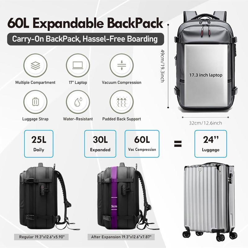 Kabaqoo Airback Vacuum Seal Compression Travel Backpack 60L Expandable Vacpack Water Resistant TSA Lock Airbag Black (Electric AirPump included)  travel accessories travel essentials Outdoorfun