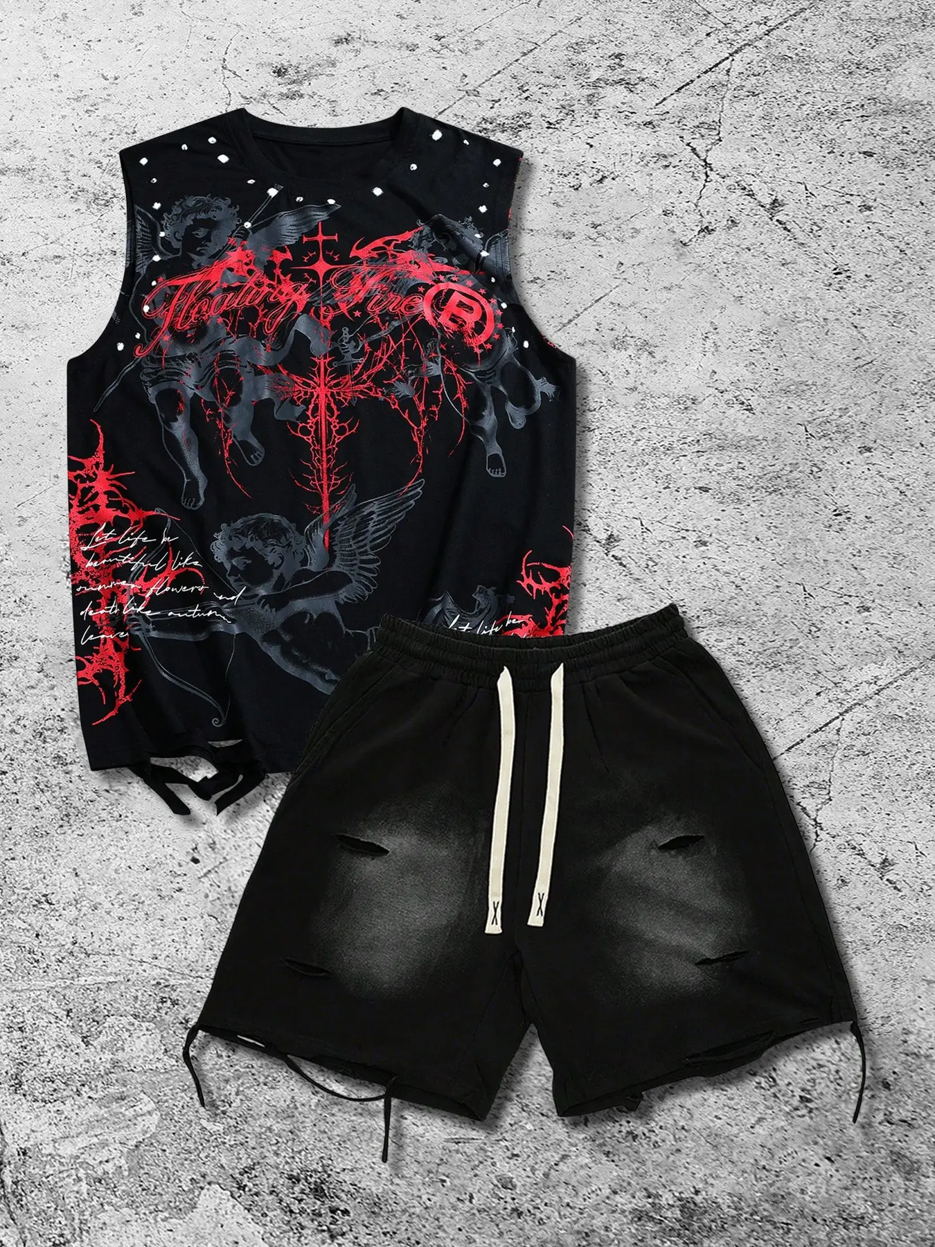Men's casual suit, street style American dark angel thorn British Graphic print distressed Sleeveless vest and shorts, street style, men's two-piece Set clothing, suitable for all seasons.