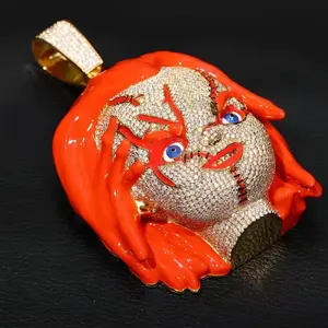 2027 Hip-hop Chucky Full Diamond Pendant Street Trendy Brand Heavy-duty Horror Cartoon Necklace Accessory with Red Hair and Blue Eyes