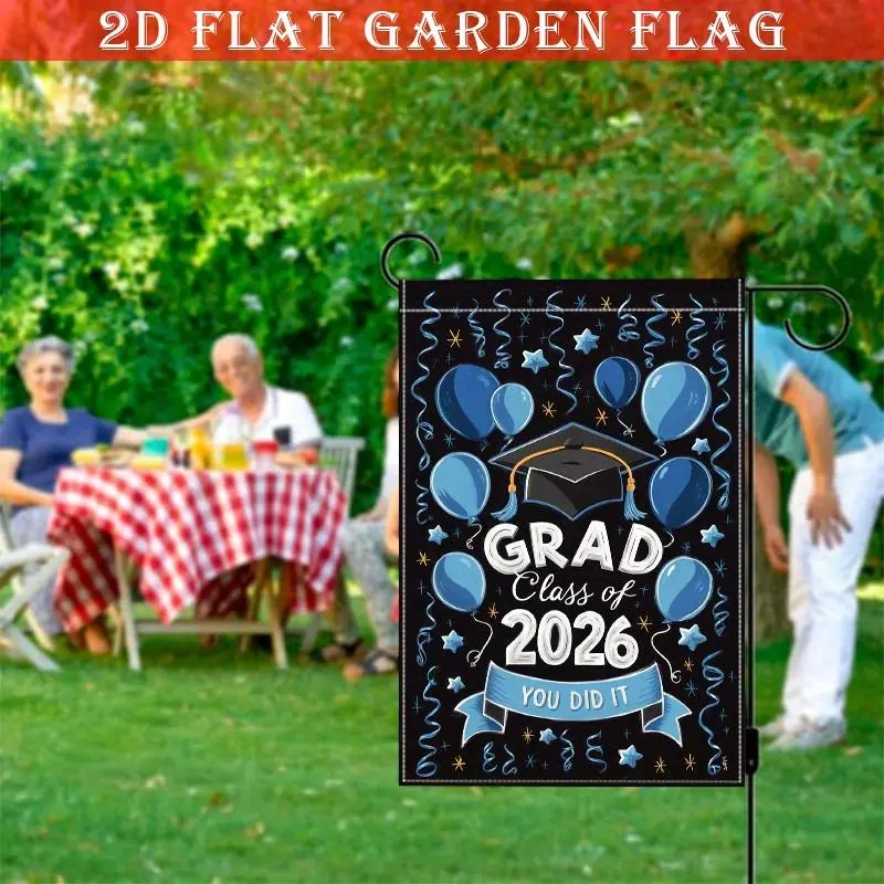 Double-Sided Garden Flag, Celebrating Graduation with a Theme of Blue Balloons And Graduation Caps, Suitable for Outdoor Yard And Lawn Decoration, Linen Material, No Flagpole, 12x18 Inch