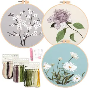 3 Sets of Starter Kits for Embroidery Beginners, Including 3* Embroidery Cloth with Patterns, Hoop, Needle, Manual and Other Manual DIY Tools Needed for Embroidery
