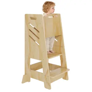 Montessori Toddler Learning Tower, Solid Natural Wood Kitchen Step Stool for Kids, Perfect Flush Island Height Helper Tower with Safety Rail (18M-6Y)
