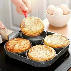 A non-stick frying pan with four compartments, Nonstick frying pan, suitable for pancakes and donuts, this multifunctional pan is ideal for cooking eggs, ham, hamburgers, and comes with a wooden handle