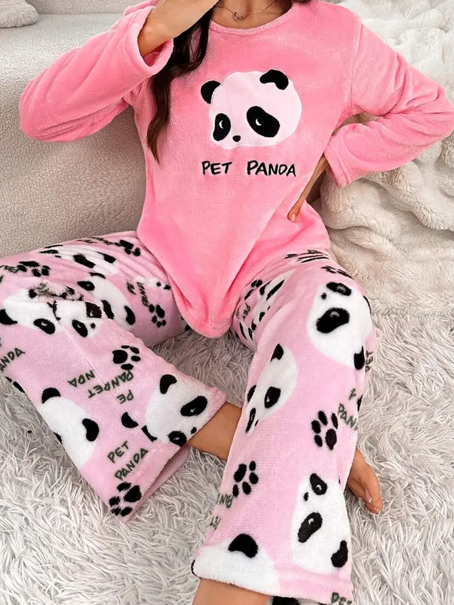 Women's 2-Piece Long Sleeve Panda Print Pajama Set in Pink
