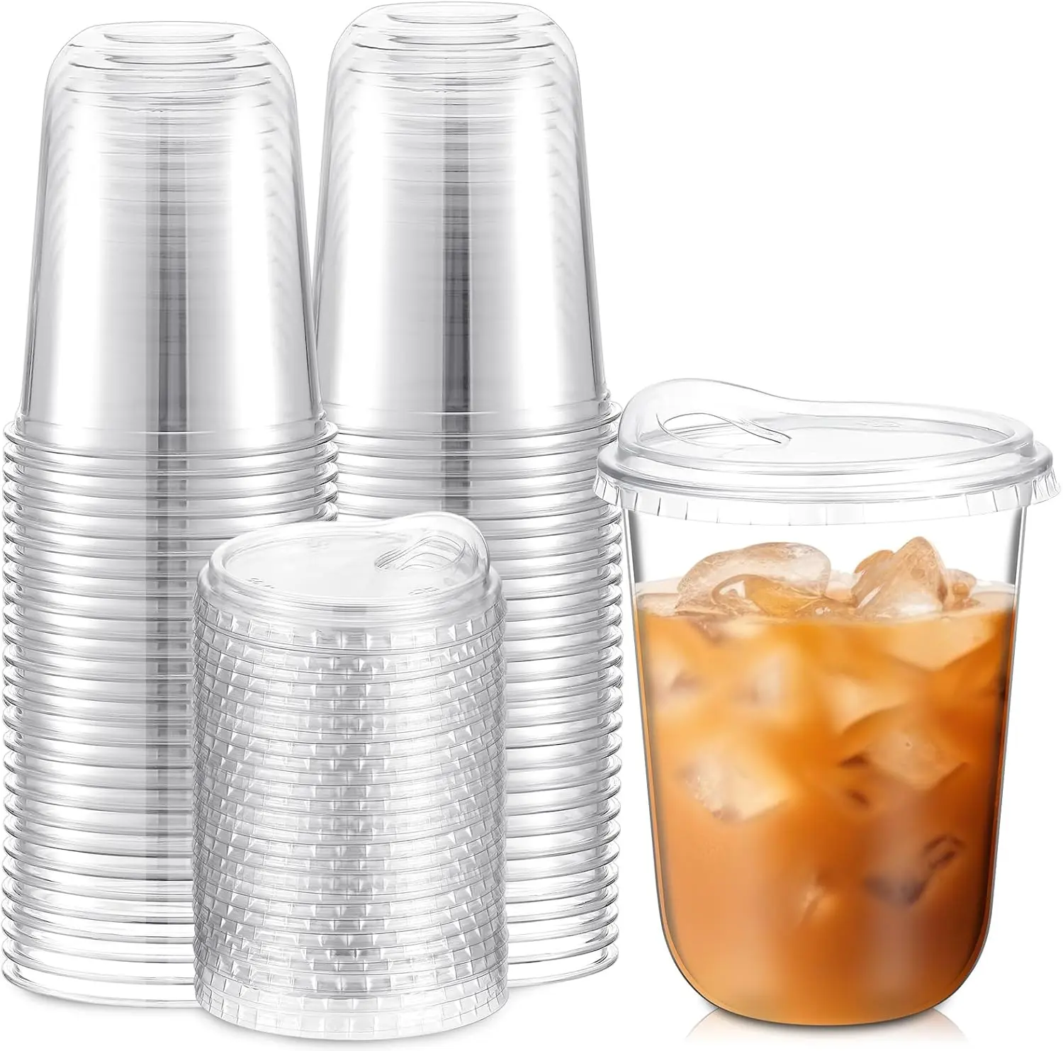 Clear Plastic Cups with Strawless Sip Lids Disposable Round Bottom Togo Cups for Coffee Smoothie Cold Beverage Coffee Shops and Party Catering(16 oz,50 Pcs)