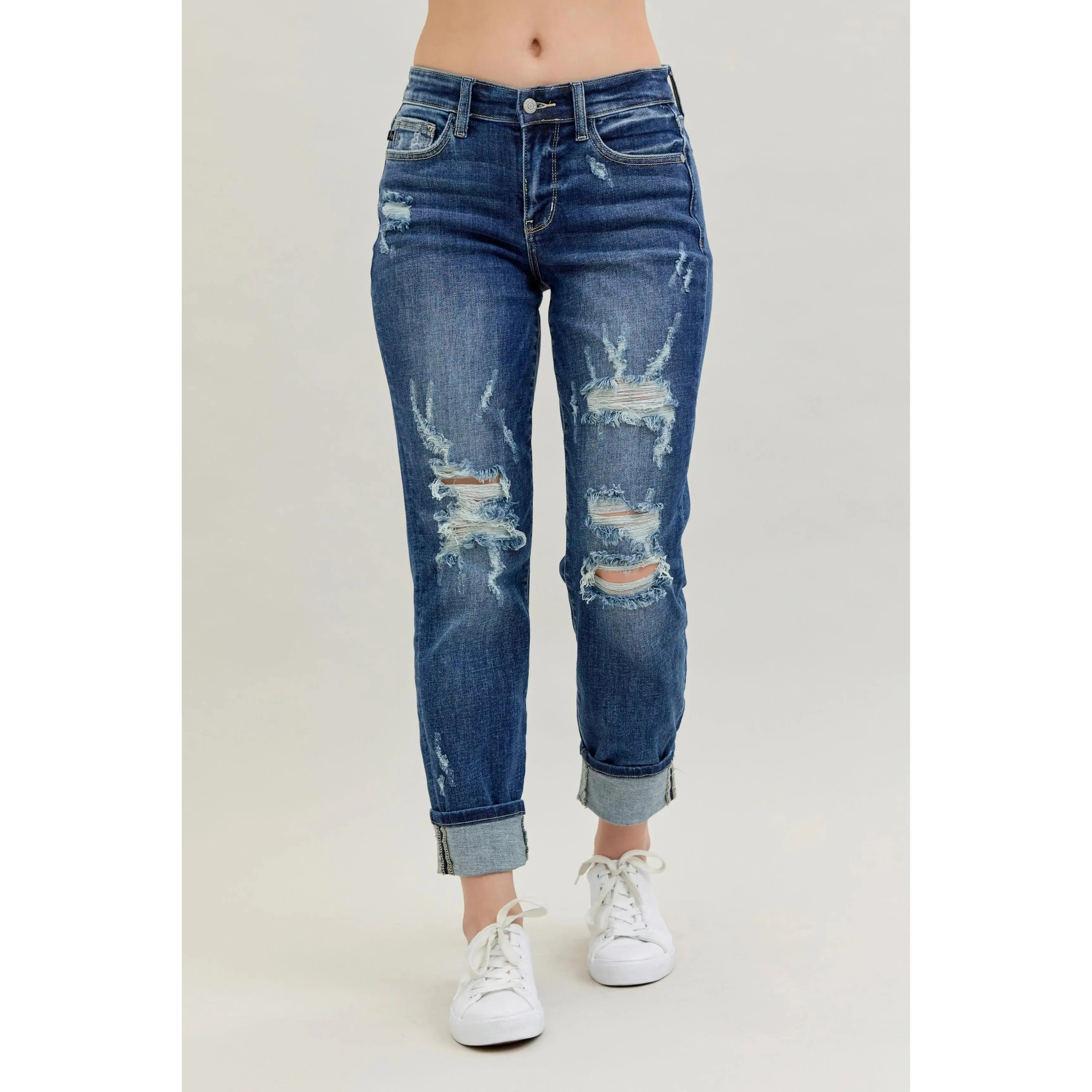 Judy Blue Full Size Mid Rise Cuffed Destroy Boyfriend Jeans