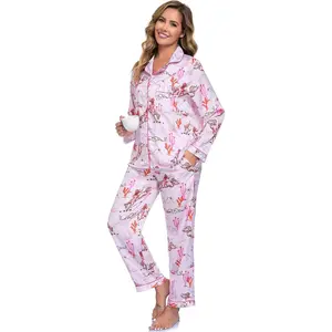RONGTAI Womens Pajama Sets Button Down Long Sleeve Lapel Shirt With Pocket Matching Pj Pants Two Piece Loungewear Set