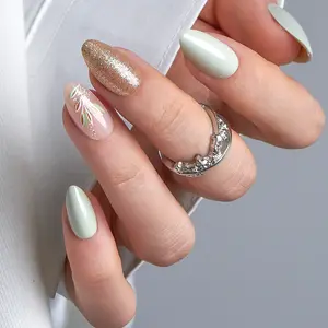 CurvLife Nailora short almond leaf soft gel press on nails nude matte patterns-prints for wedding easy apply nail art