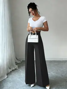 A women's black fashionable loose high-waisted wide-leg floor-length dress pants, Casual Chic Bottoms, suitable for summer, daily commuting, and home wear.