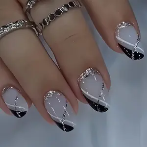 Sexy Black Glitter Almond Nails 24pcs| White Line Detail Press-On Set| Removable DIY Kit| European American Style Nails