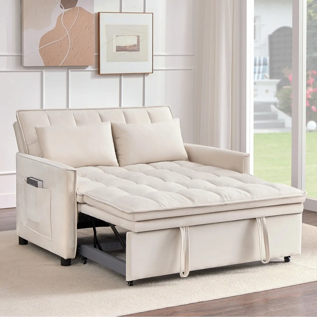 Eyisean 50.3" Velvet 3-in-1 Convertible Sleeper Sofa Bed, Modern Loveseat Couch with Pull-Out Bed & Adjustable Backrest, Space Saving Upholstered Couches with Side Storage Pocket, Comfy Deep Seat Sofa for Living Room, Apartment