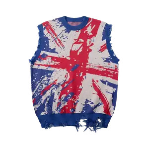 ANDREILEE Mens Fitted Round Neck Sleeveless Medium-Length Polyester Knit Vest - Edgy, Colorful, Distressed, Cut-Out Graphic, Cutout Sleeveless Vests, Vintage British Flag Graffiti Print, Raw Edge, Ripped, All-Seasons Street-Style Casual Top, Edgy Vests