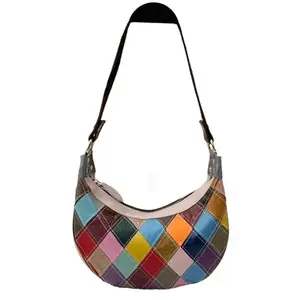 Niche Design Top Layer Cowhide Women's Bag Color Patchwork Flower Crescent Bag Unique Commuter Shoulder Crossbody Handbag Dry Cleanable Genuine Leather Mega Crossbody Tote-HDXn308