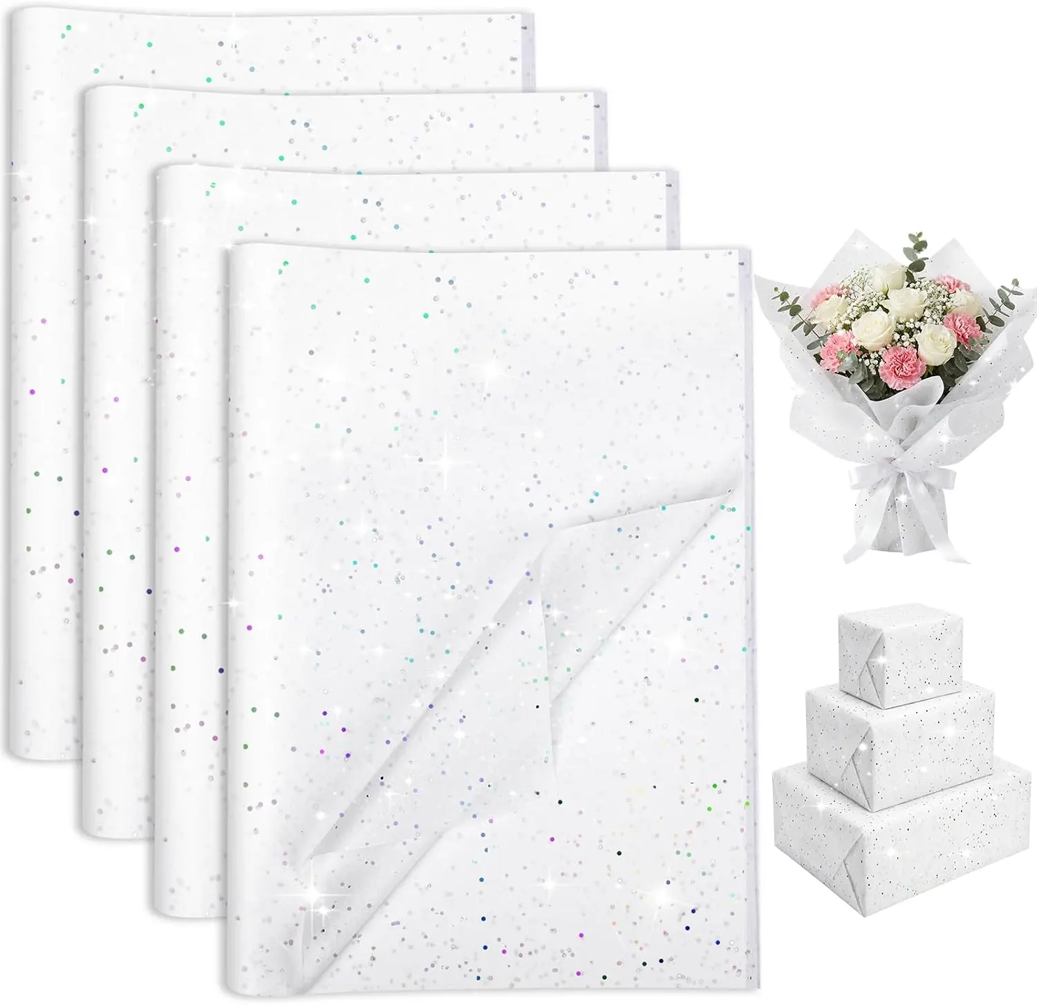 Glitter White Tissue Paper (135 Sheets, 20x14 in) - Office Gift Wrapping Supplies for Birthday, Wedding Decor & Art DIY Crafts