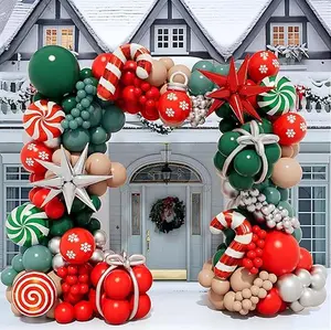 182Pcs Christmas Balloon Garland Arch Kit with Christmas Red Green Silver Peach Nude Balloon, Cane Candy , Silver Starburst Balloons for Christmas Party Decorations