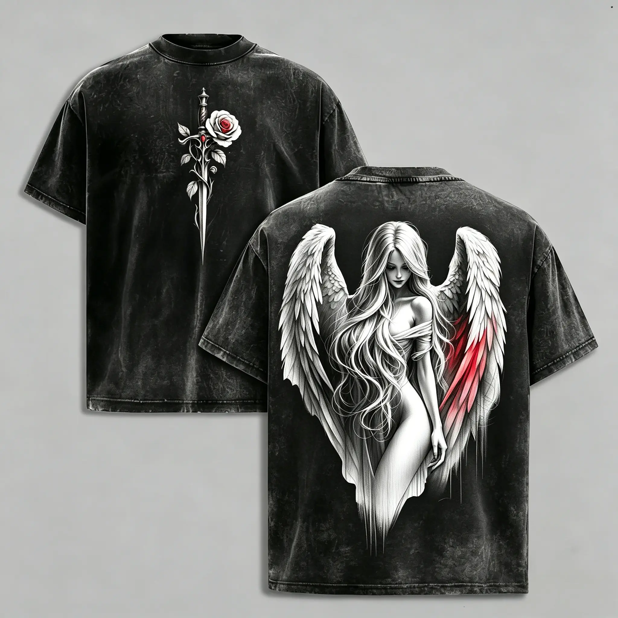 Men's Oversized Round Neck Shortsleeve T-Shirt - Grunge Dark Angel Graphic Top with Gothic Sword & Rose Print, Vintage Washed Black Streetwear Goth Edgy Aesthetic Menswear Tee