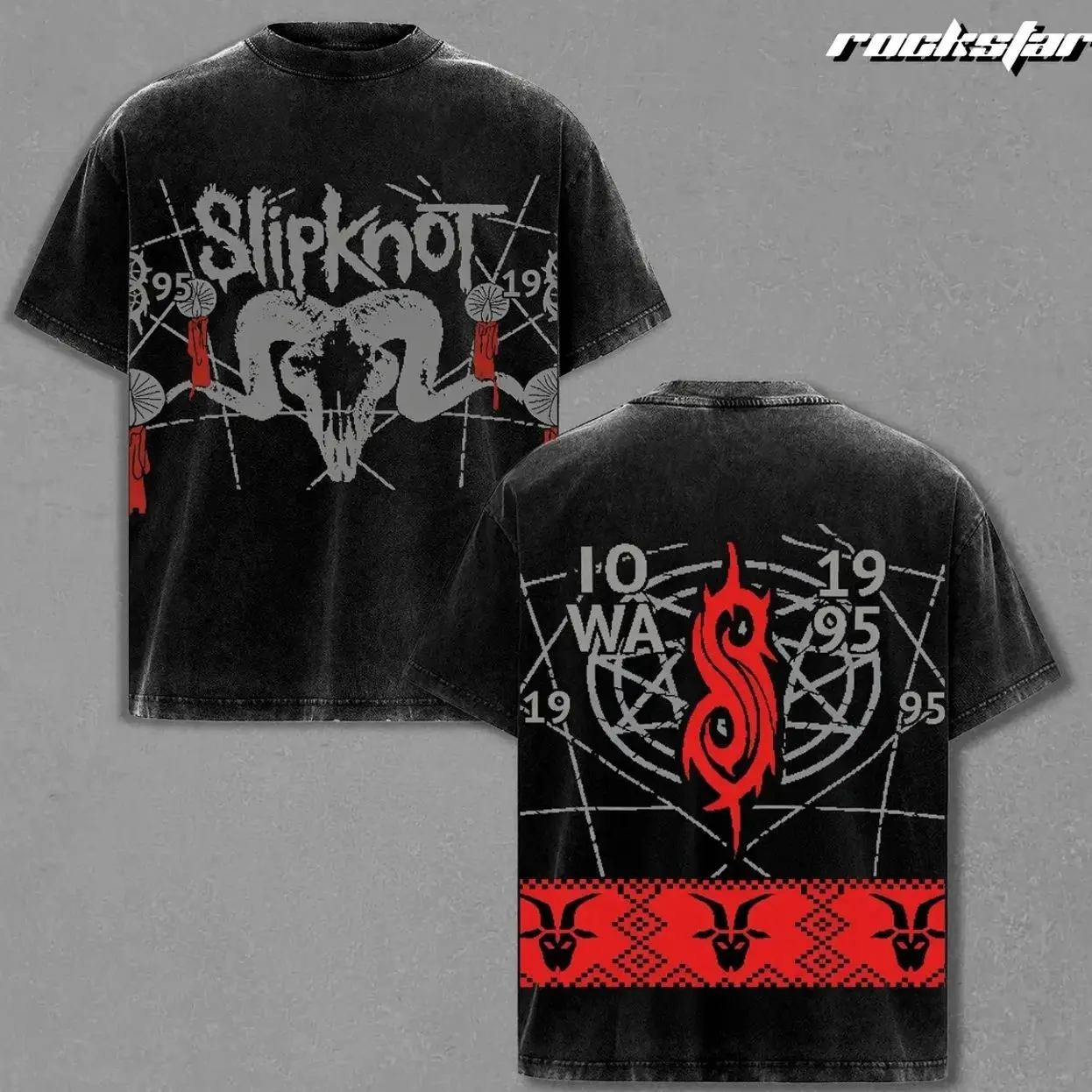Slipknot Goat Head 1995 Washed Ugly Christmas Sweater - Vintage Knitted Jumper Acid Washed Style, Oversized Comfortable Graphic Holiday Sweater for Rock Metal Lovers 4T5