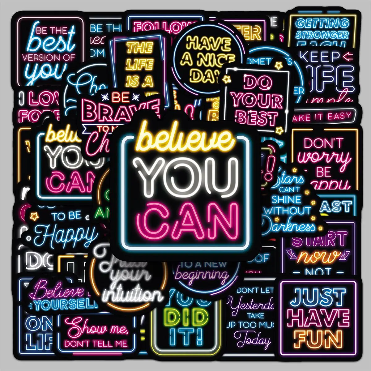 Neon Sign Words Pattern Sticker, 50pcs/set Creative Motivational Slogan Sticker, Waterproof Self Adhesive Decor Paper for Gift Greeting Card Water Bottle Laptop Phone, Cases