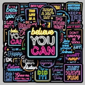Neon Sign Words Pattern Sticker, 50pcs/set Creative Motivational Slogan Sticker, Waterproof Self Adhesive Decor Paper for Gift Greeting Card Water Bottle Laptop Phone, Cases
