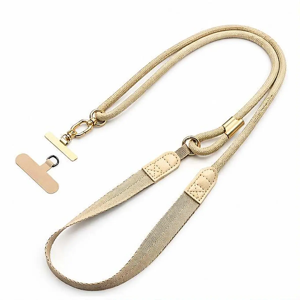 Adjustable Crossbody Phone Lanyard with Tether Patch, Woven Polyester Strap and Metal Clasp, Hands-Free Phone Strap, Khaki, about 51 in