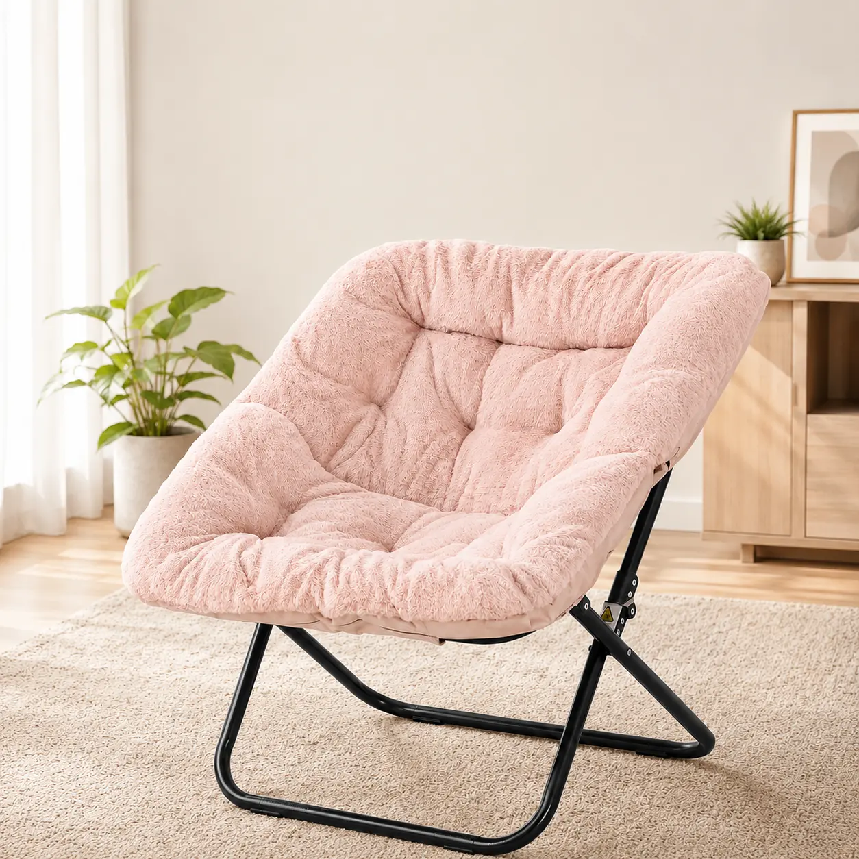 Luxury Faux Fur Foldable Saucer Chair for Adults, Large Square Ultra-Soft Cozy Lounge Accent Chair with Sturdy Metal Frame & Anti-Slip Legs, Pet-Friendly Folding Chair for Living Room Bedroom, Grey/Pink
