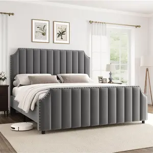 Queen Size Platform Bed Frame with 50.2" Headboard, Velvet Upholstered Bed Frame Queen with Vertical Channel Tufted Headboard & Footboard, Nailhead Trim, No Box Spring Needed, Grey