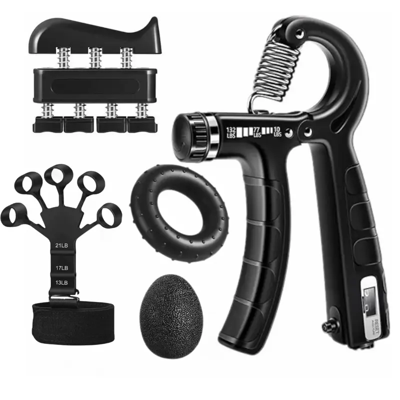 5-Pack Hand Grip Strengthener Workout Kit – Adjustable Resistance Forearm Gripper, Finger Stretcher, Grip Ring & Stress Relief Ball for Athletes
