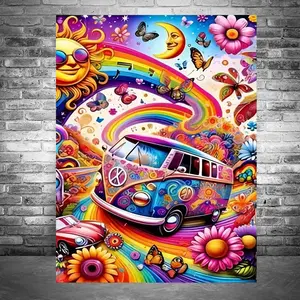 5d Diamond Mosaic Cartoon Car Rhinestone Pictures Diy Full Drill Diamond Painting Rainbow Flower Handmade Gift Home Decor