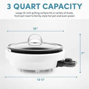 3-in-1 Smokeless Electric Grill Pot with Tempered Glass Lid - 3 Quart Capacity