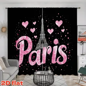 2D Flat 2Pcs Romantic Pink Paris Eiffel Tower Hearts Print Curtain Panel, Rod Pocket Style, Semi Sunshade, for Home Living Room Bedroom Window Decoration, Gift Decor, Anti-Privacy.
