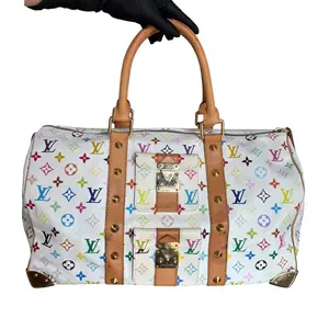 Pre-owned Louis Vuitton coated canvas and leather Travel Bags White Multicolor Monogram Keepall 45