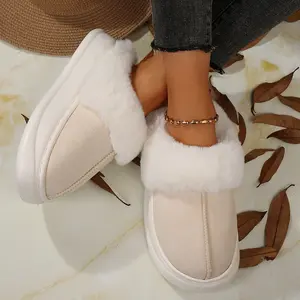Women's Plush Collar Slippers Soft Suede Warm Clogs Comfort Thick Sole Winter Indoor Outdoor Shoes