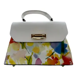 Ann Floral Italian Leather Women's White Top Handle Handbag Gold Metal Hardware Shouldrer Bag For Party And Special Evening Events