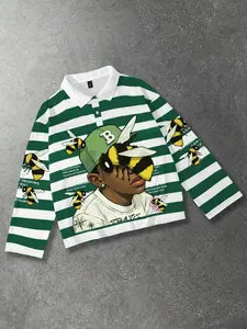 Green and white striped polo long sleeved men's T-shirt with rap bee print pattern and striped polo collar long sleeved shirt for European and American street life, unisex long T-shirt in ins style