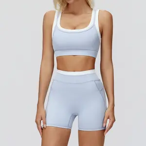 Women's Two-Piece Colorblock Yoga Set, High-Waisted Ribbed Casual Fitness Sportswear, Versatile Gym Workout, Yoga Tracksuit Set