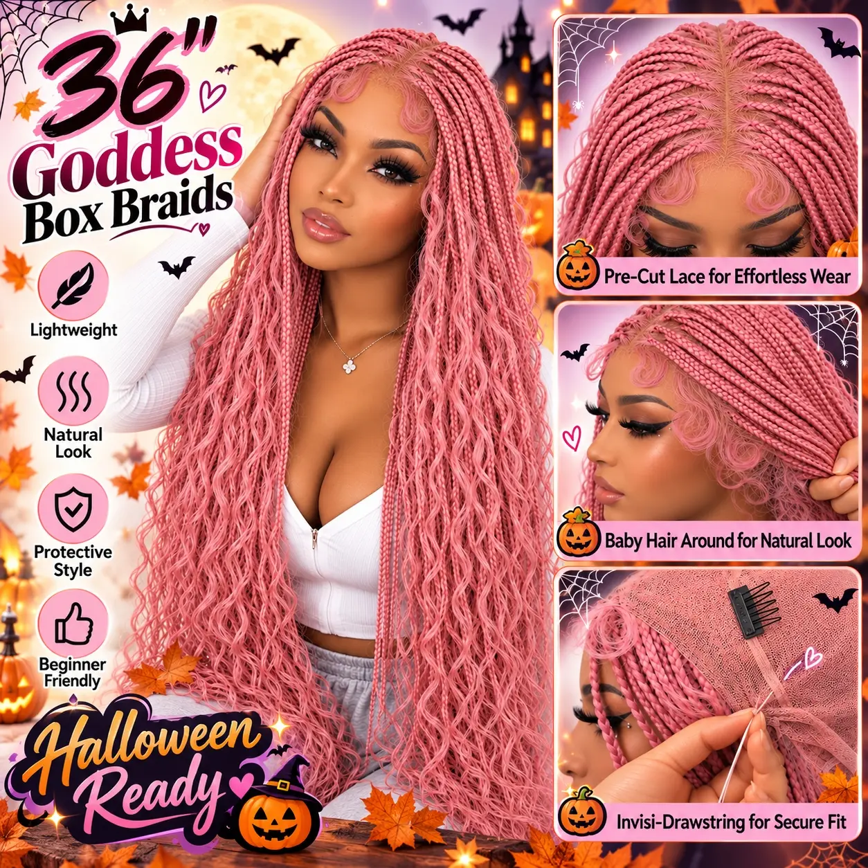 #Pink 36" Full Lace Bohemian Knotless Boho Box Braided Wig – Barbie Pink SuperNova, Lightweight, Breathable, Natural Look, Long-Lasting & Easy to Maintain Knotless Boho Wig Glueless Lace Wig #Halloween #TikTokShopStockUp #DealsForYouDays #Sohochic