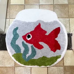 Fish Tank Goldfish Shape Tufted Rug, Soft Water Absorbent Cute Healing Entrance Bathroom Mat, Kids Fun Atmosphere Bath Room Non-Slip Absorbent Shower Floor Pad