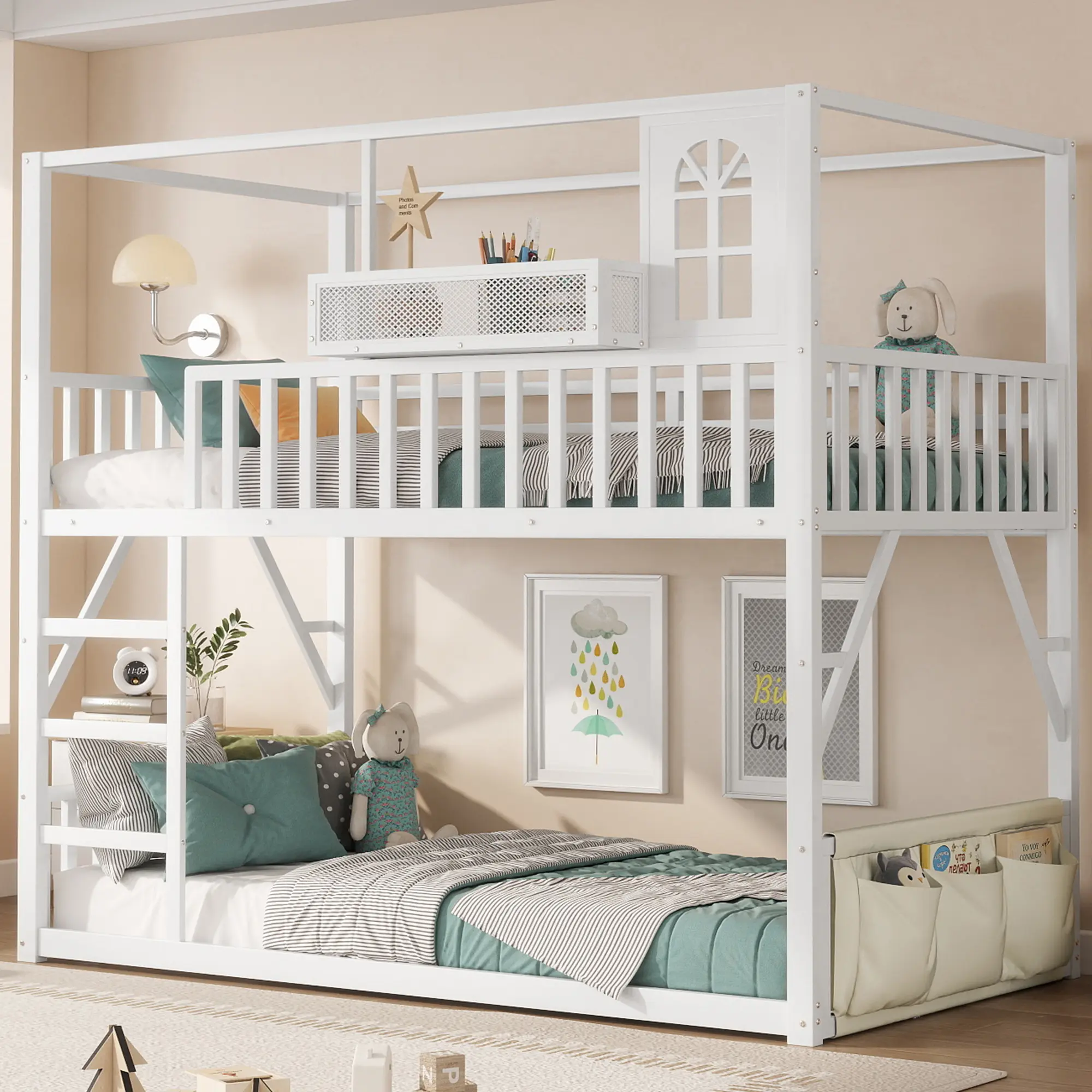 DUXELIFIN Twin Over Twin Metal Floor Bunk Bed with Metal Frame, Easy Setup, Guardrail, Storage Shelf and Storage Bag, Modern Low Kids' Bed