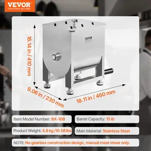 VEVOR Manual Meat Mixer, 15L Fixed Tank Meat Processing Equipment(Mixing Maximum 15LBS for Meat), Stainless Steel Meat Mixer, Sausage Mixer Machine with Lid and Handle, Ground Beef Hand Mixer