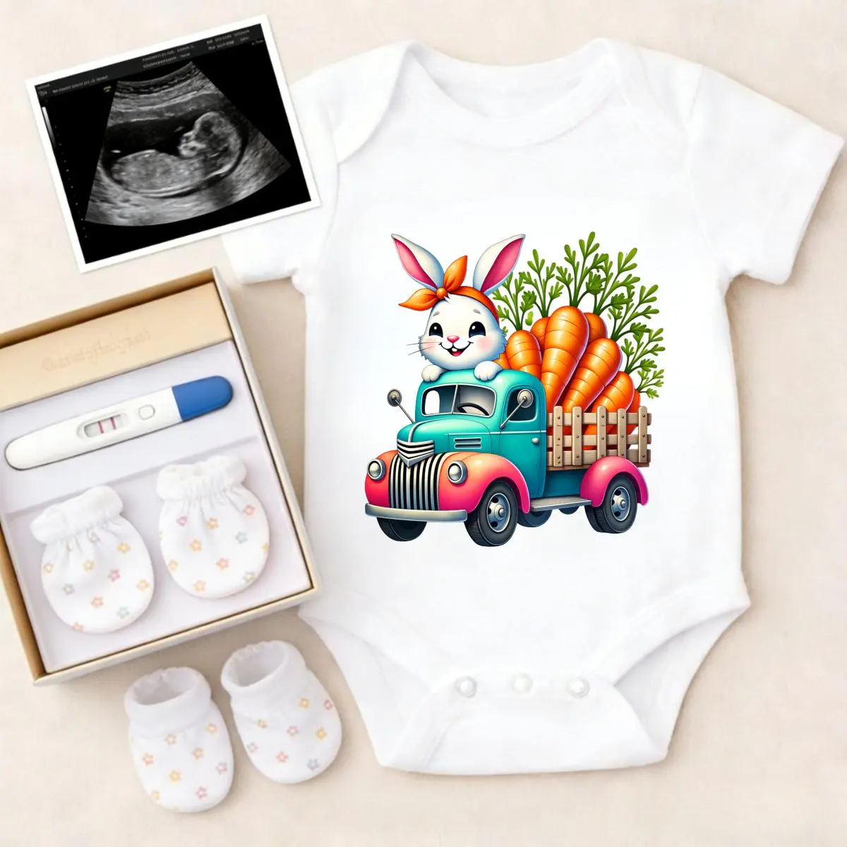 Baby Boys' 100% Cotton Soft Bodysuit - Animal Theme, Bunny Rabbit Truck Carrot Print, Envelope Neck, Non-Irritating, Breathable, Stretchy, RoomY Legs, Snap Closure, Ideal for Sleep & Play